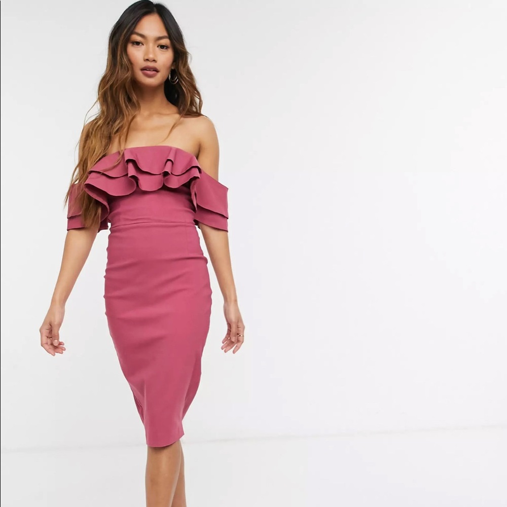 ASOS Vesper Off-Shoulder Midi Dress in Rose Pink